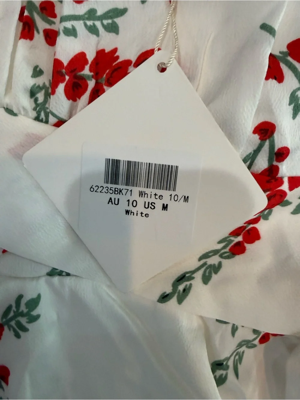 Angel Biba White Dress with Red Floral Print and Green Leaves